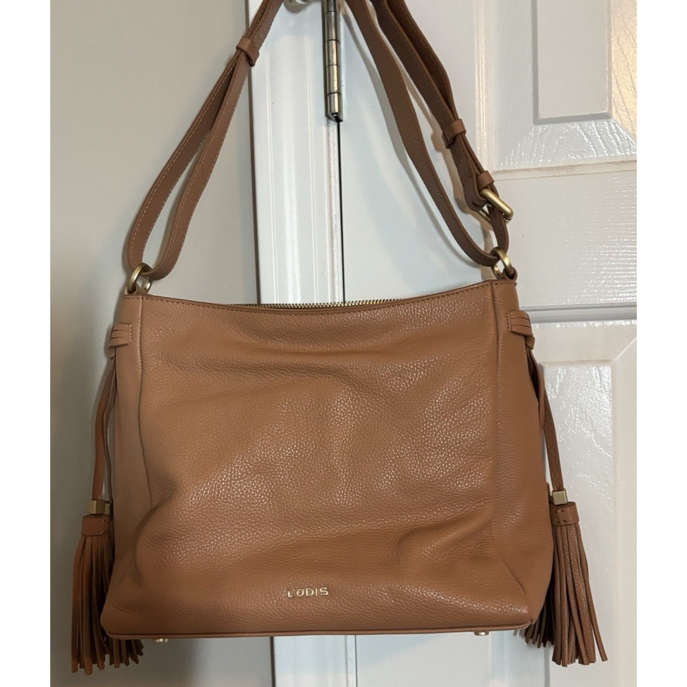LODIS Texas Leather Grayson Shoulder Bag Handbag Purse Tan Tassels